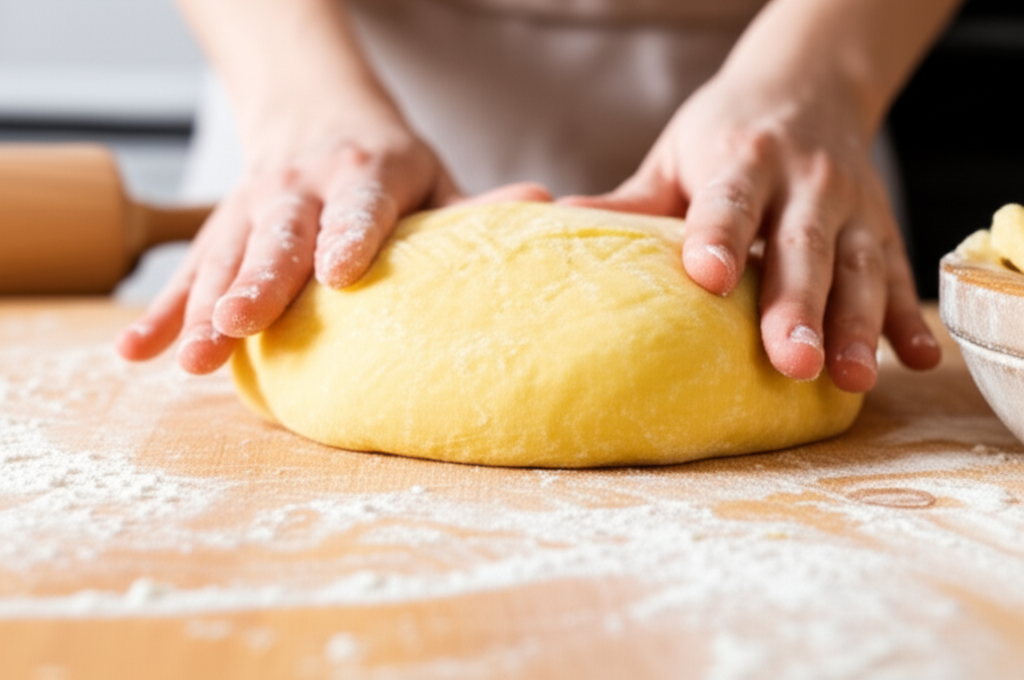 Hands making fresh pasta in Italian cooking class