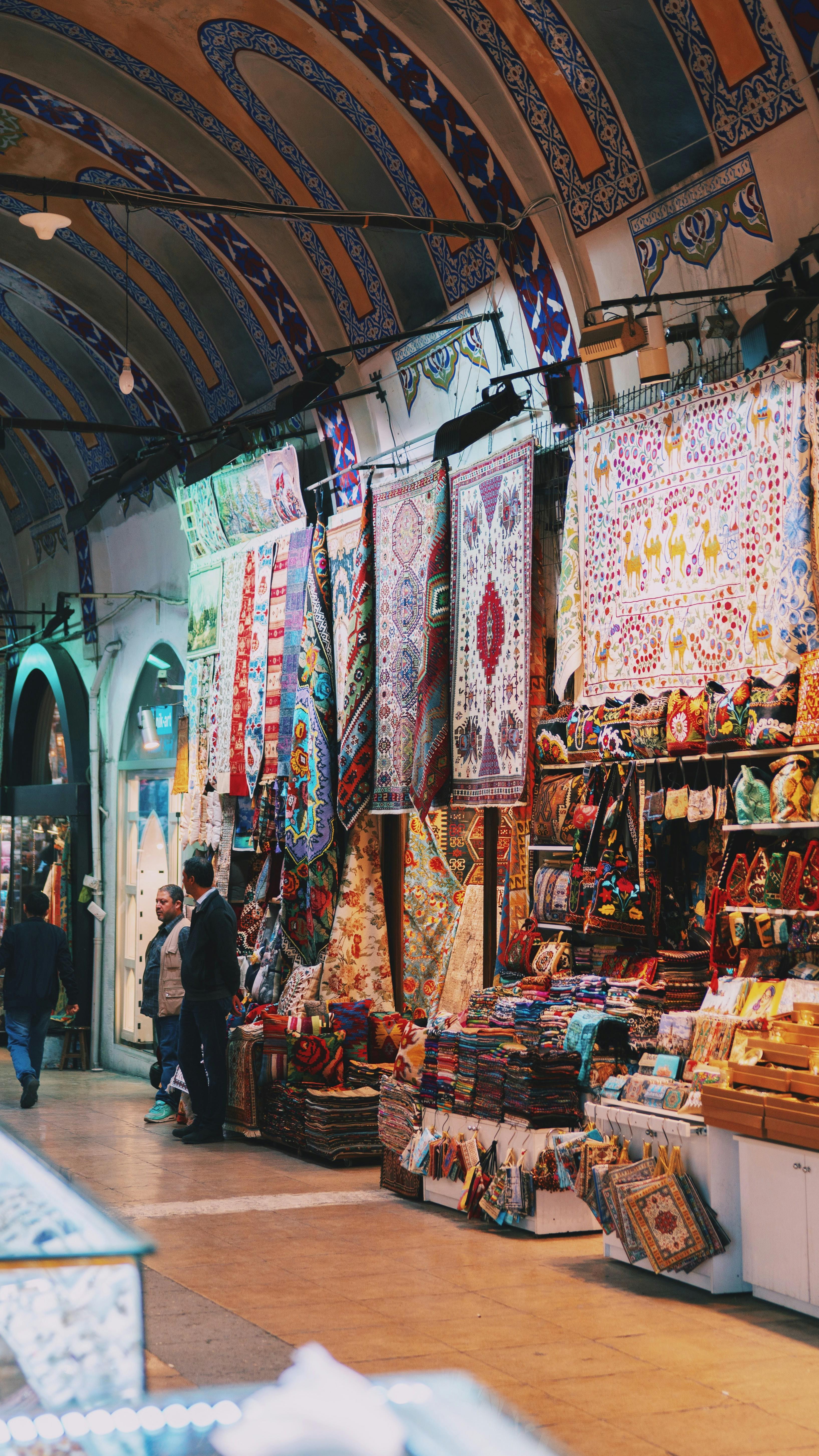 Colorful Turkish carpets and textiles in Istanbul's Grand Bazaar