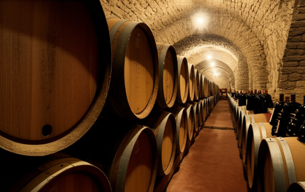 Traditional Italian wine cellar with oak barrels