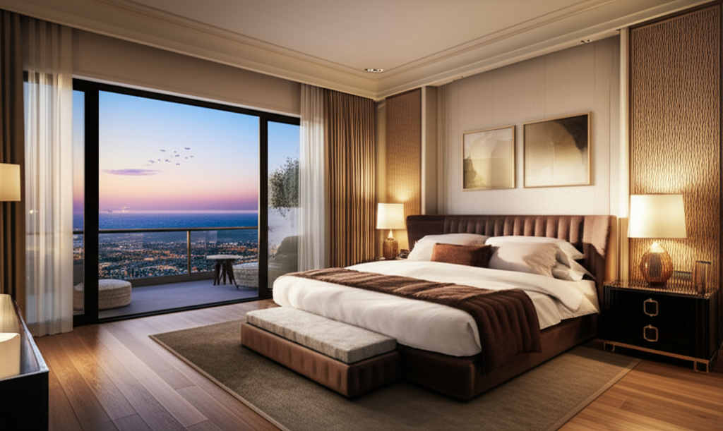 Luxurious bedroom with terrace views in Italian countryside villa