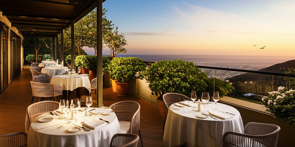 Outdoor dining terrace with panoramic views of Italian countryside