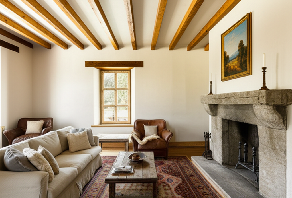 Rustic elegant interior with fireplace in Tuscan villa