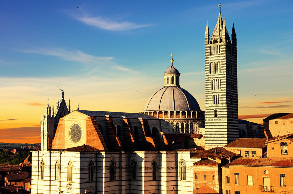 Siena's historic skyline with the iconic Duomo cathedral rising above terracotta buildings