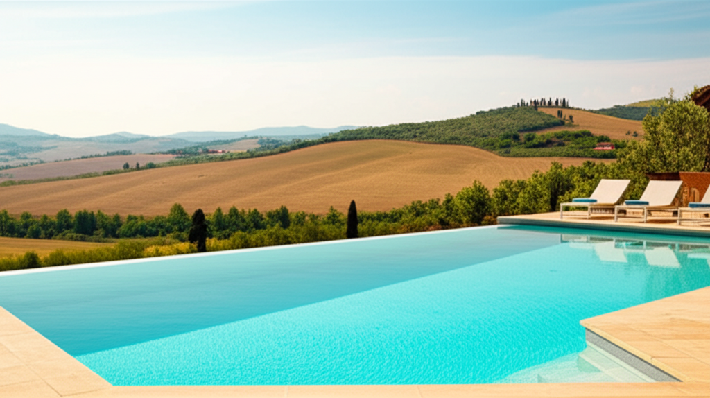 Infinity pool overlooking Tuscan hills at sunset